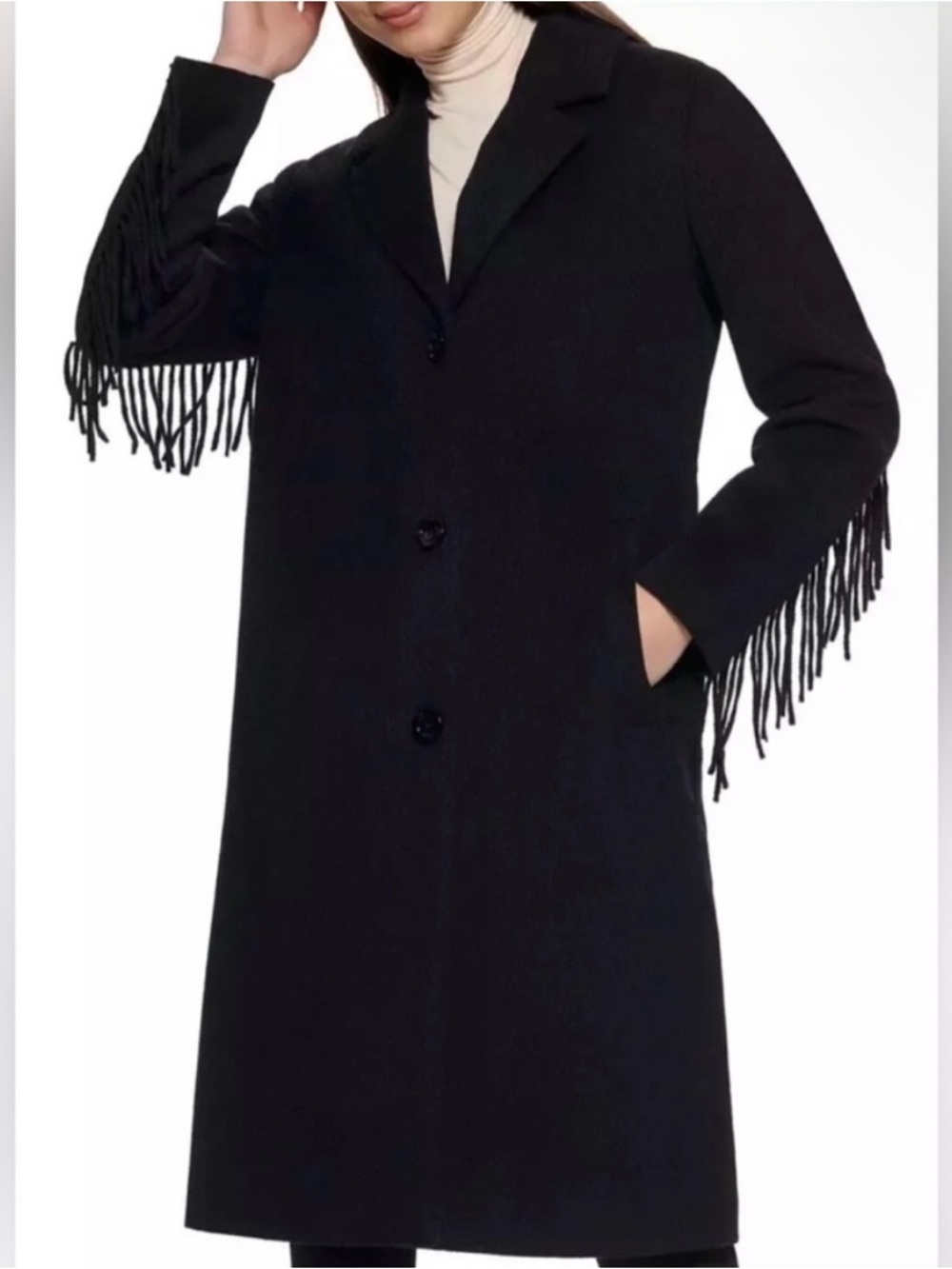 Kenneth Cole Black Fringe-Sleeve Trench Coat
